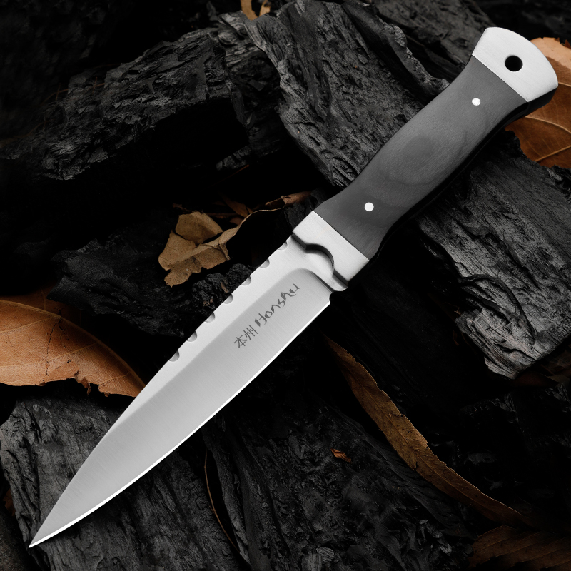 Honshu H9401 Couteau droit de survie 9Cr18Mov Lame satinée Manche en ébène pleine soie Camping en plein air Randonnée Chasse Couteaux à lame fixe avec gaine en cuir