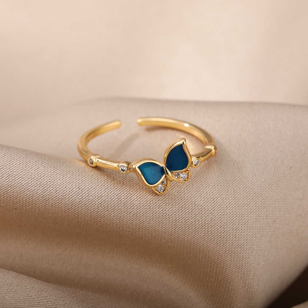 Band Rings Vintage Blue Butterfly Rings For Women Crystal Shiny Zirconia Blue Enamel Finger Ring Femme Boho Femme Jewelry Accessories Gift AA230306