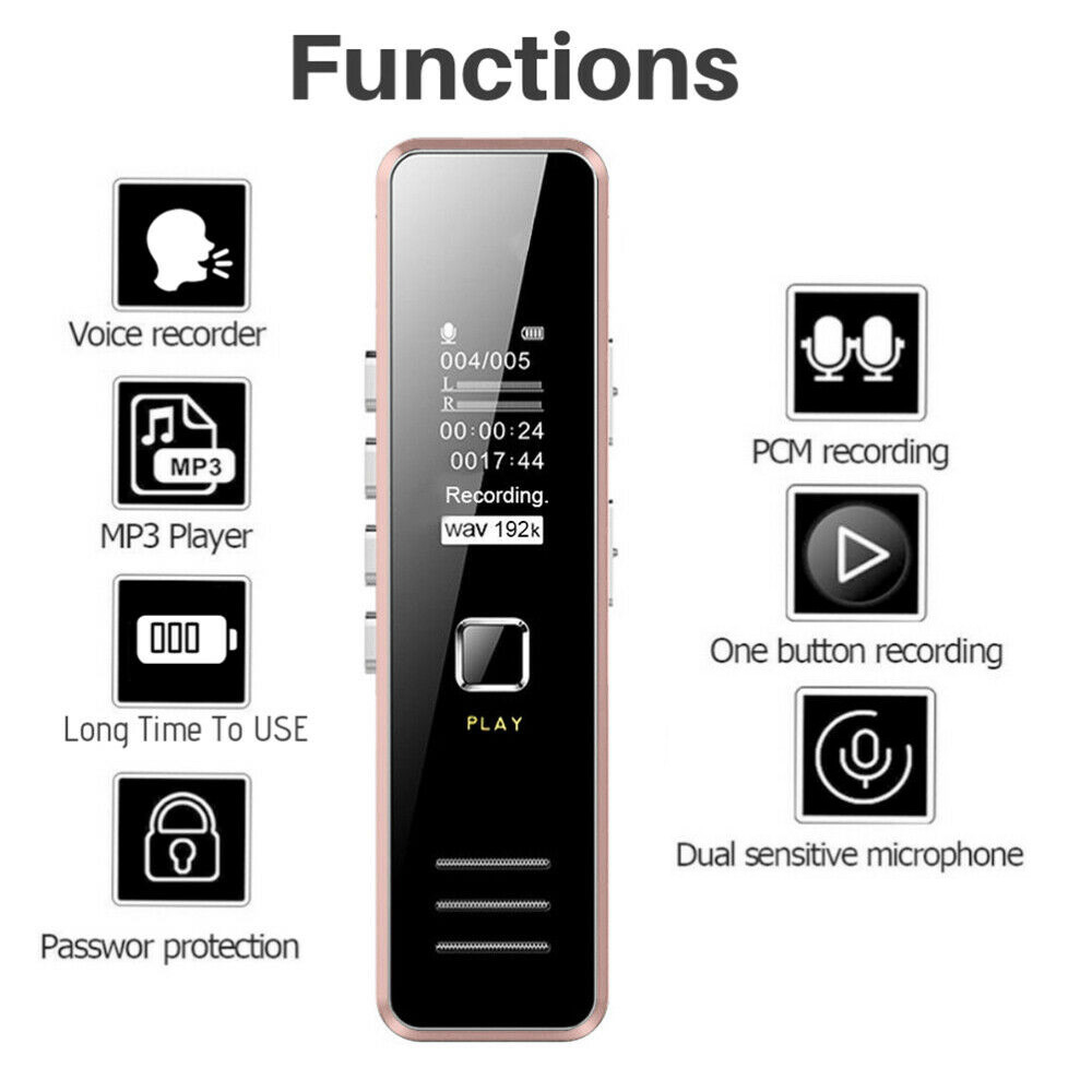 16 GB Digital Voice Recorder Audio Tape Recorder Voice Activated Recorder Playback Föreläsningar Möten Intervjuer Portable Recording Device, Music MP3 Player PQ139