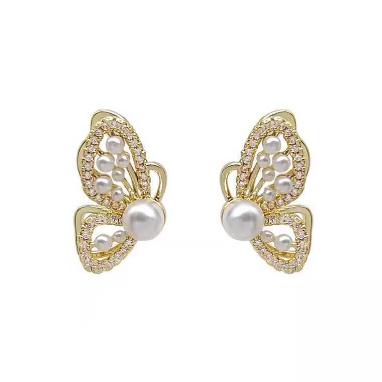 Charme Nouvelle mode de luxe gauche et droite papillon perle coréenne dames boucles d'oreilles boucles d'oreilles dorées dames 2021 bijoux de mode G230307