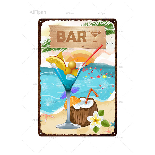 Yaz plajı işareti kokteyl partisi vintage teneke tabela dekoratif plak duvar dekor bar pub sahil plaj odası dekorasyon özel işaretler açık metal boyutu 30x20 w01