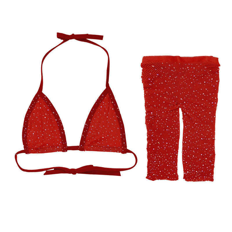 Dames badmode vrouwen sexy mesh zie door bikini tweedelige set glitter badende zwempak strand badkleding biquini halter bandage bh korte broek t230307