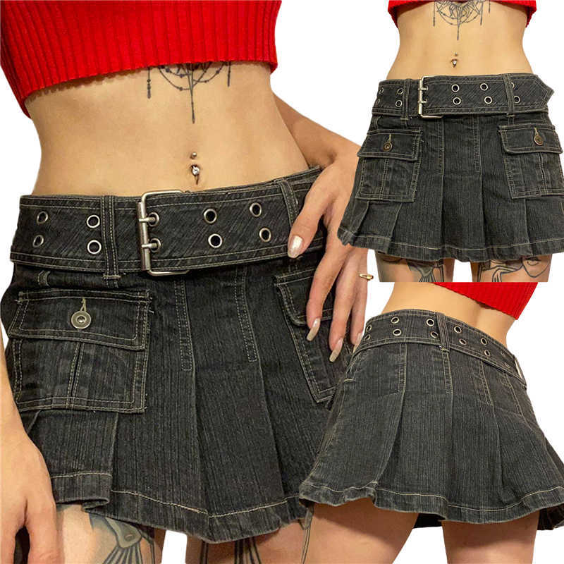 Jupes Xingqing y2k jupe en jean 2000s esthétique femmes Fairycore Grunge taille basse une ligne jupes plissées mode jean jupe Streetwear W0308