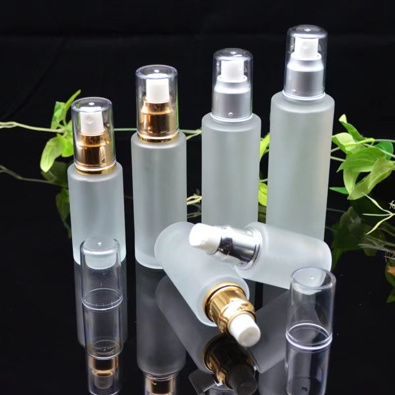 Empty Frosted Glass Pump Bottles with gold/silver pump for Essential Oil Serum Lotion Refillable Travel Size Cosmetic Dispenser 30ml 50ml 60ml 80ml 100ml 120ml