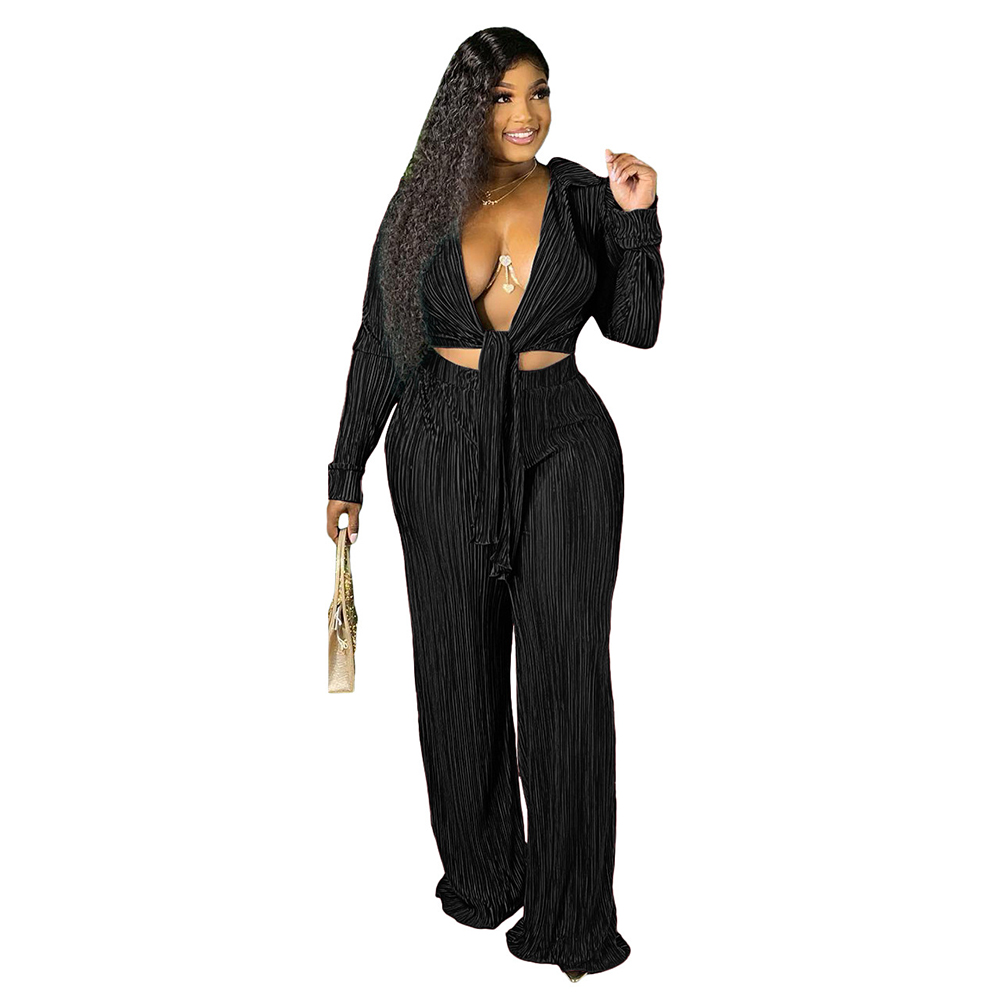 Women Sexy Two Piece Pants Pleated Outfits Casual Long Sleeve Lace Up Shirt Sets Wide Leg Pants Suit