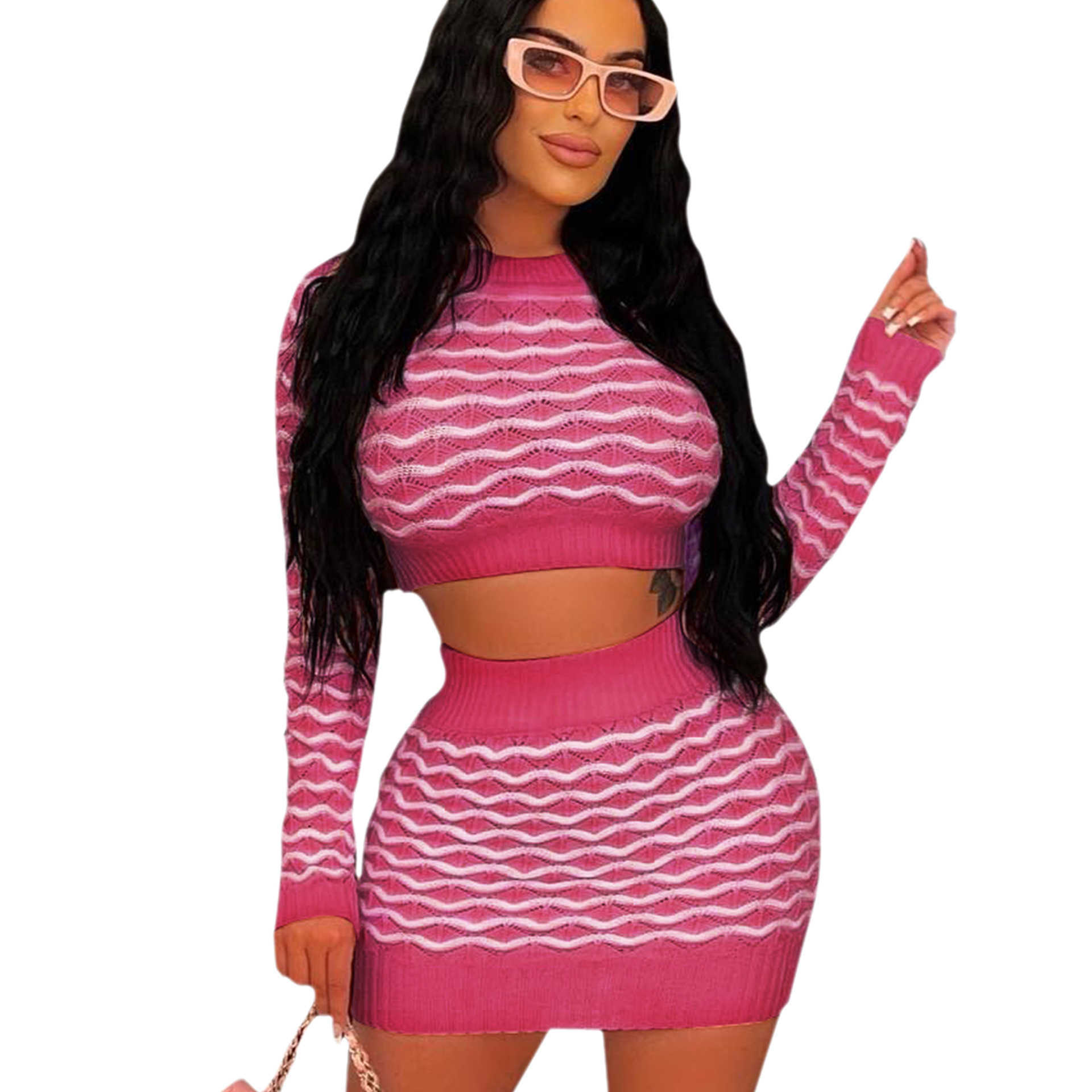 Women Two Piece Dress Set Designer 2023 New Slim Casual Sexy Stripe Waist Tight Skirt Set 5 Colours