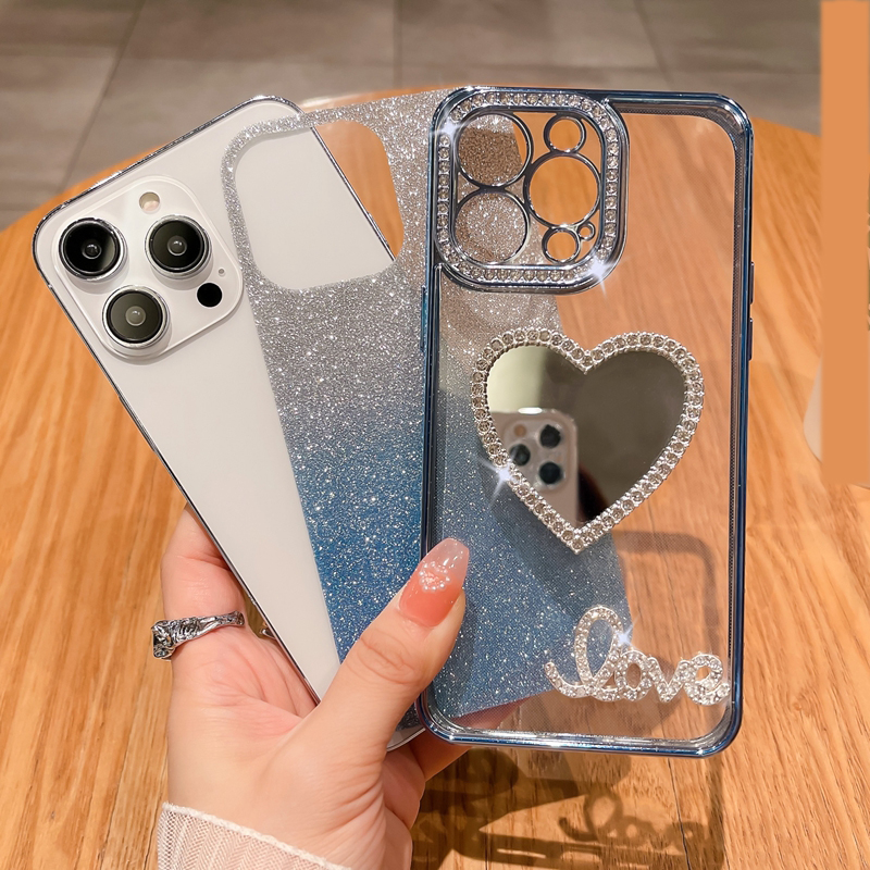 Love Heart Smile Bling Diamond Case for iPhone 15 14 13 12 11 Pro XR XS Max x 8 7 iPhone15 Case Luksusowe metalowe miękkie lustro tpu makijaż Gradient Glitter Telefon Cover