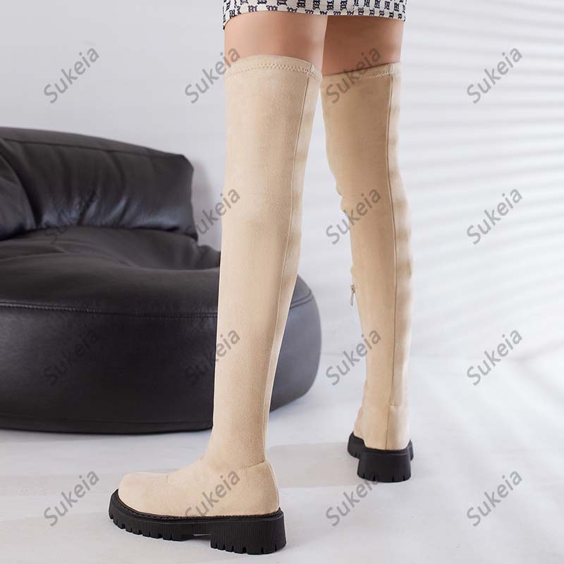 Sukeia nouveauté fille sur les bottes au genou plat avec talon bout rond élégant noir chaussures de fête dames taille américaine 5-12