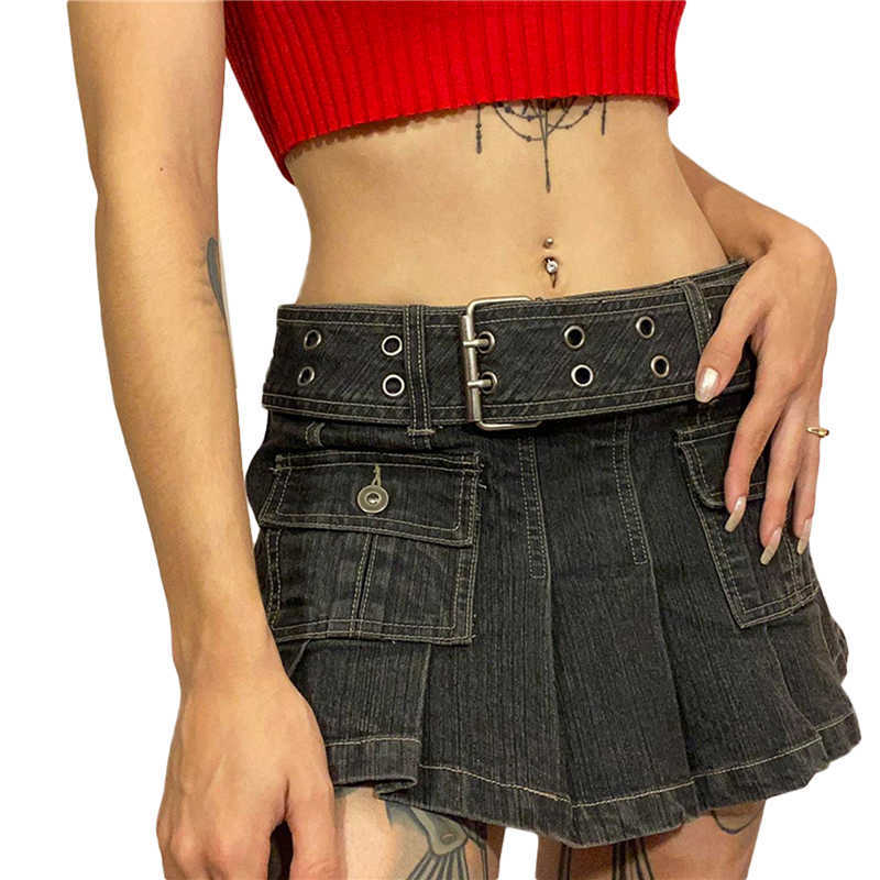 Jupes Xingqing y2k jupe en jean 2000s esthétique femmes Fairycore Grunge taille basse une ligne jupes plissées mode jean jupe Streetwear W0308