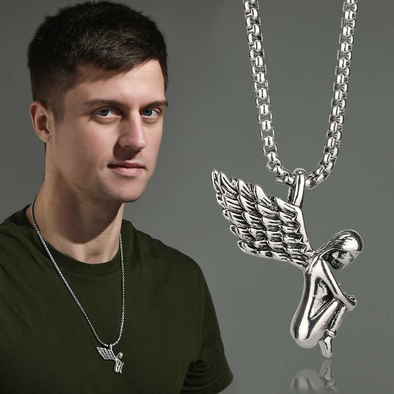 Pendant Necklaces Vintage Angel's Wing Pendant Necklace Men Fashion Jewelry Hiphop Stainless Steel Metal Accessories Punk Long Sweater Chain Gifts L2404 L2404