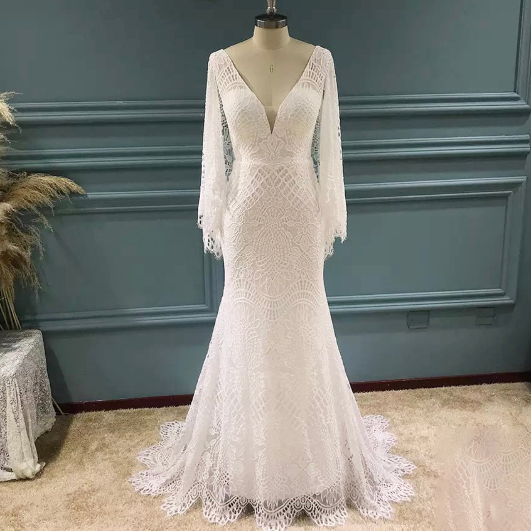 Abito da sposa in pizzo Boho con ali 2023 vestidos de novia Beach Garden Castle Chapel Boho robe de mariee Open Back Chapel Train Bohemian V-Neck