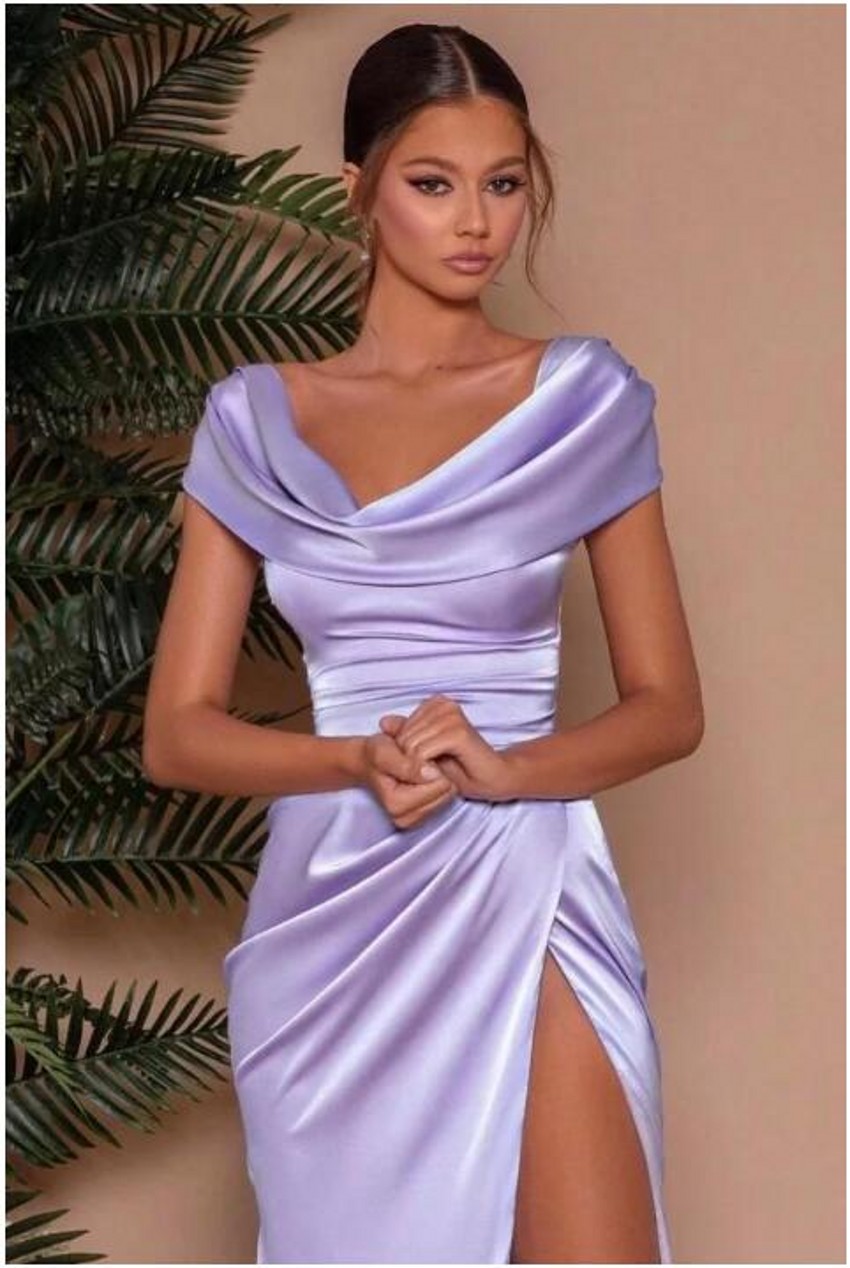 Plus Tamanho Lavanda Sereia Dama de Bridesmaid Vestidos de Bateau Long Bateau Cetim Baixas laterais laterais altas presas drapeadas de casamento Vestidos formais da madrug de honra do casamento