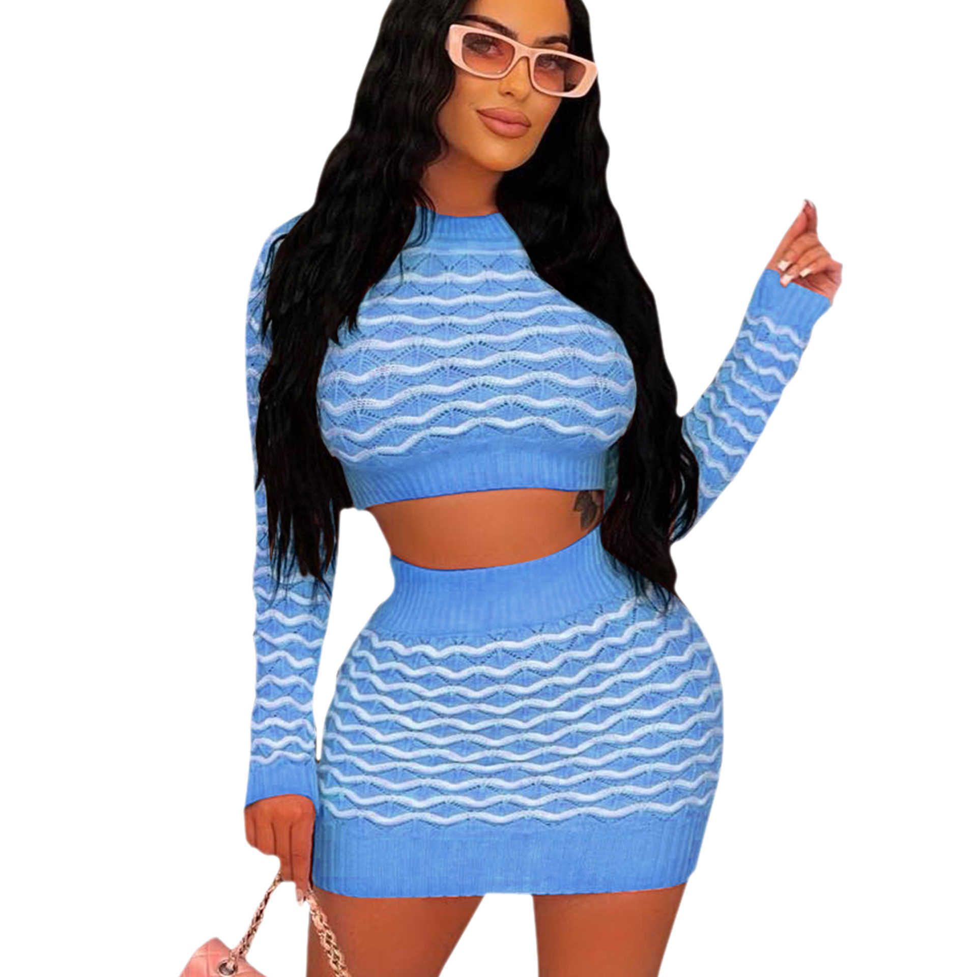 Women Two Piece Dress Set Designer 2023 New Slim Casual Sexy Stripe Waist Tight Skirt Set 5 Colours