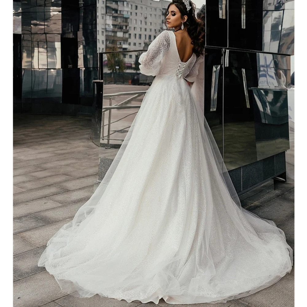 Classic A-Line Wedding Dresses Puffy Long Sleeves Deep V Neck Backless Lace-Up Plus Size Bridal Gowns Train robe custom mad