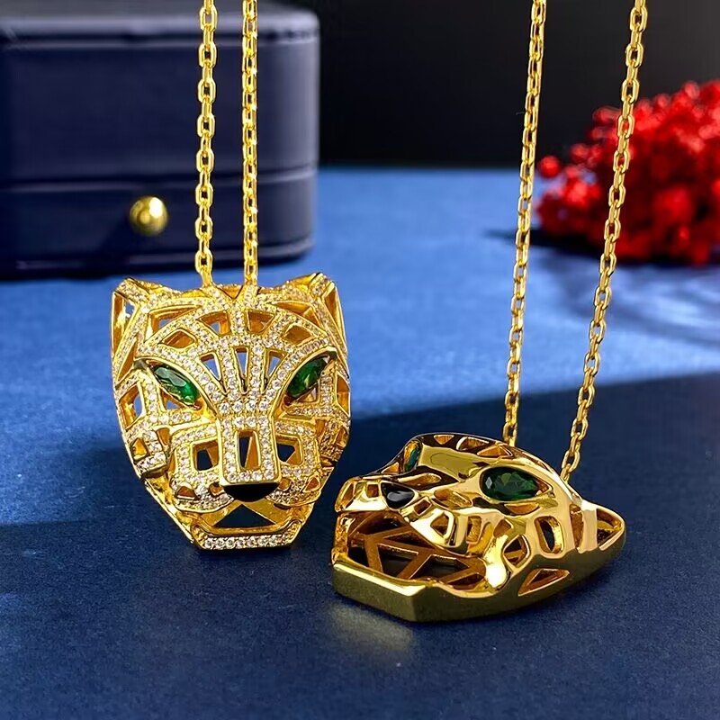 Fashion Women Leopard Head Pendant Necklace 18K Gold Thick Long Necklaces With Full Diamond Pendant Jewelry