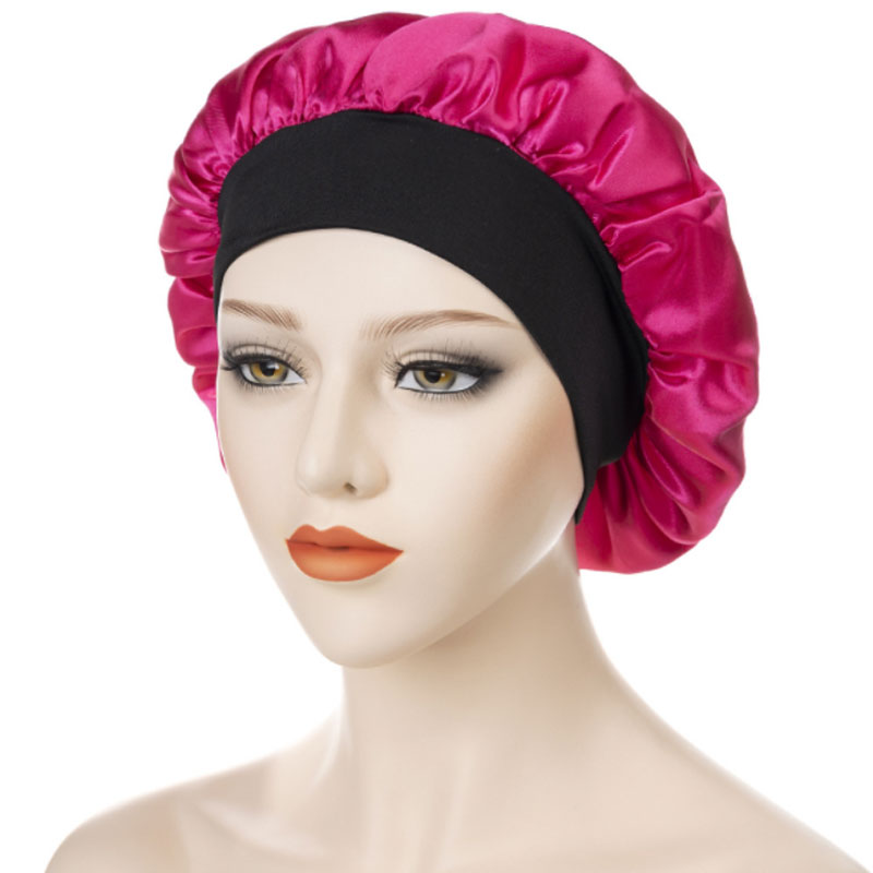 Large bande satin nocturne bonnet pour femmes dame couleur solide chapuchis de sommeil élastique décor de soins de la mode accessoires de mode