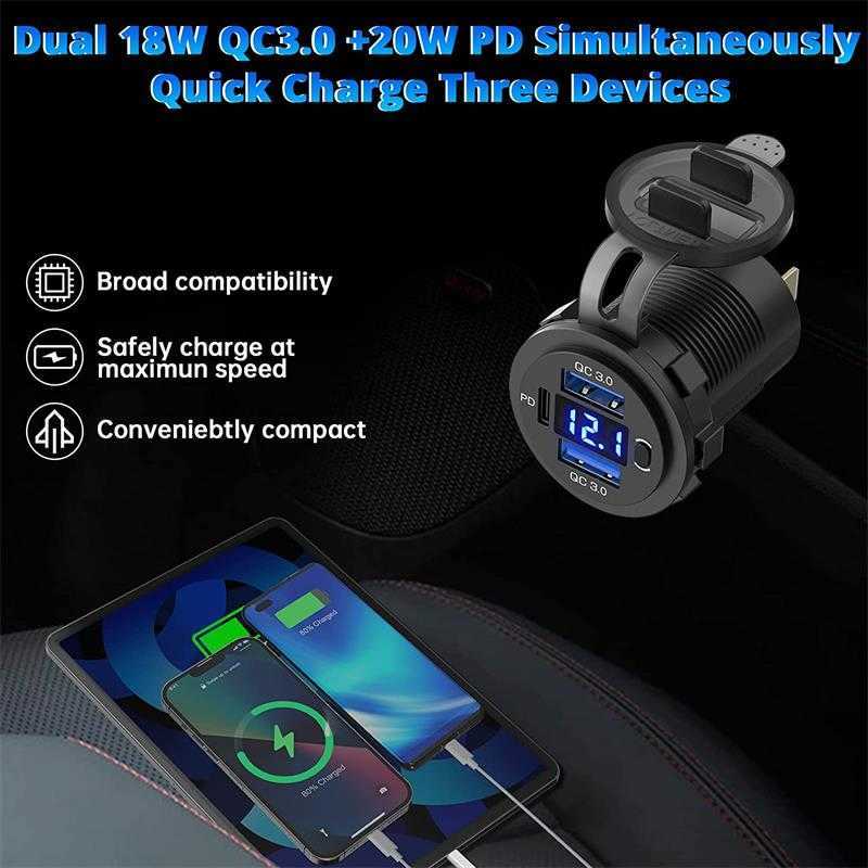 Update Drie poort 12V / 24V USB-oplader Socket Dual 18W Quick Charge 3.0 20W PD Usb-C voor auto Motor met voltmeter en aan / uit-schakelaar