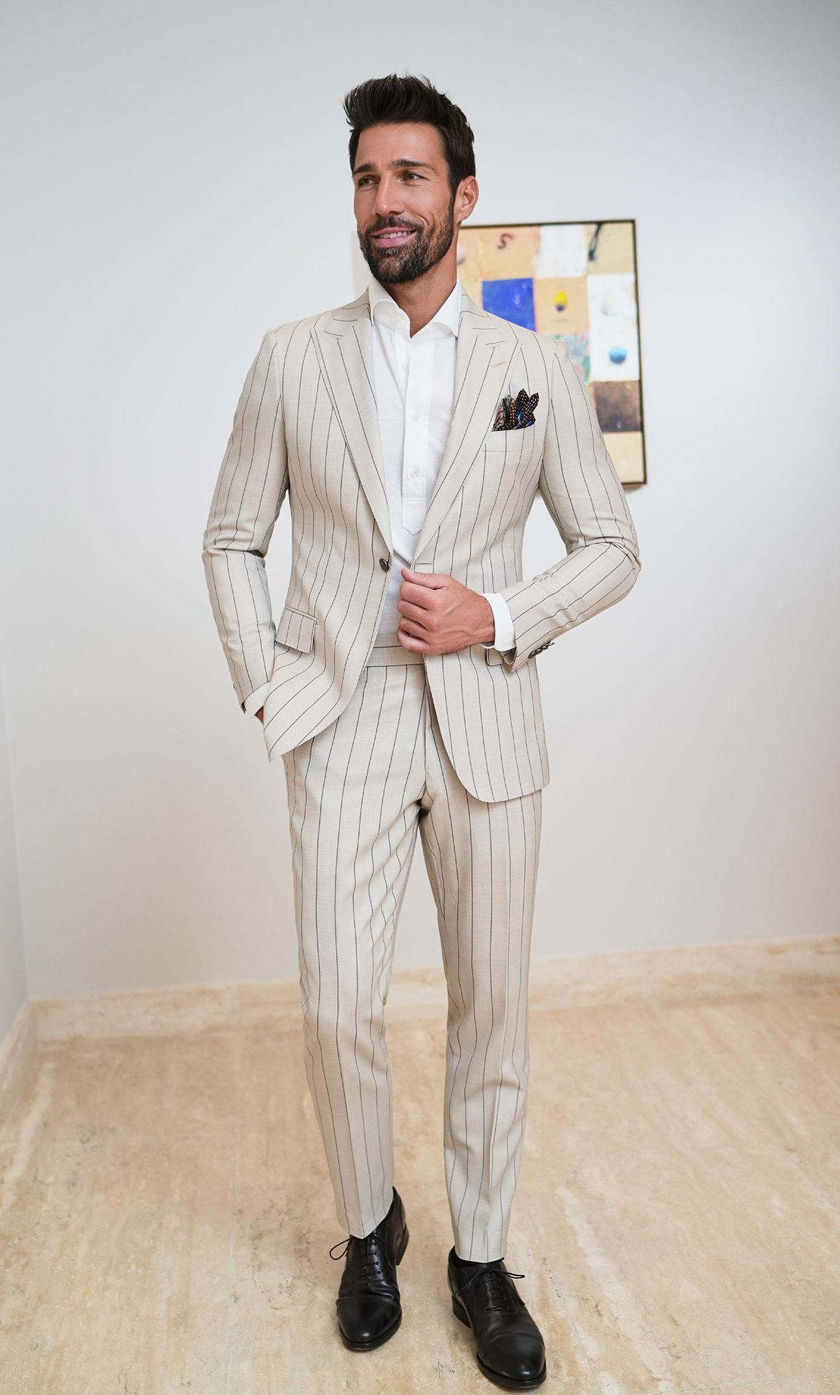 Dark Cream Men Tuxedos Slim Fit Suits Classic Peaked Lapel Stripe Business Suit for Wedding Grooms