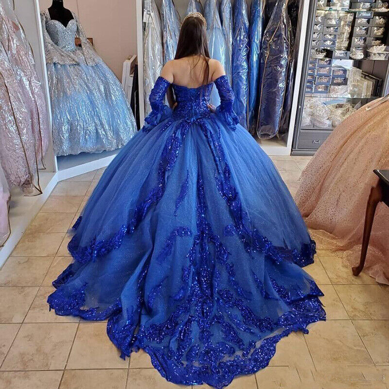 Księżniczka Blue Quinceanera sukienka Słodka 15 sukienka 2023 Sparkle cekin tiul błyszczące sukienki balowe z rękawem meksykańskie vestido de xv anos szatę de bal sweet 16 urodzin impreza