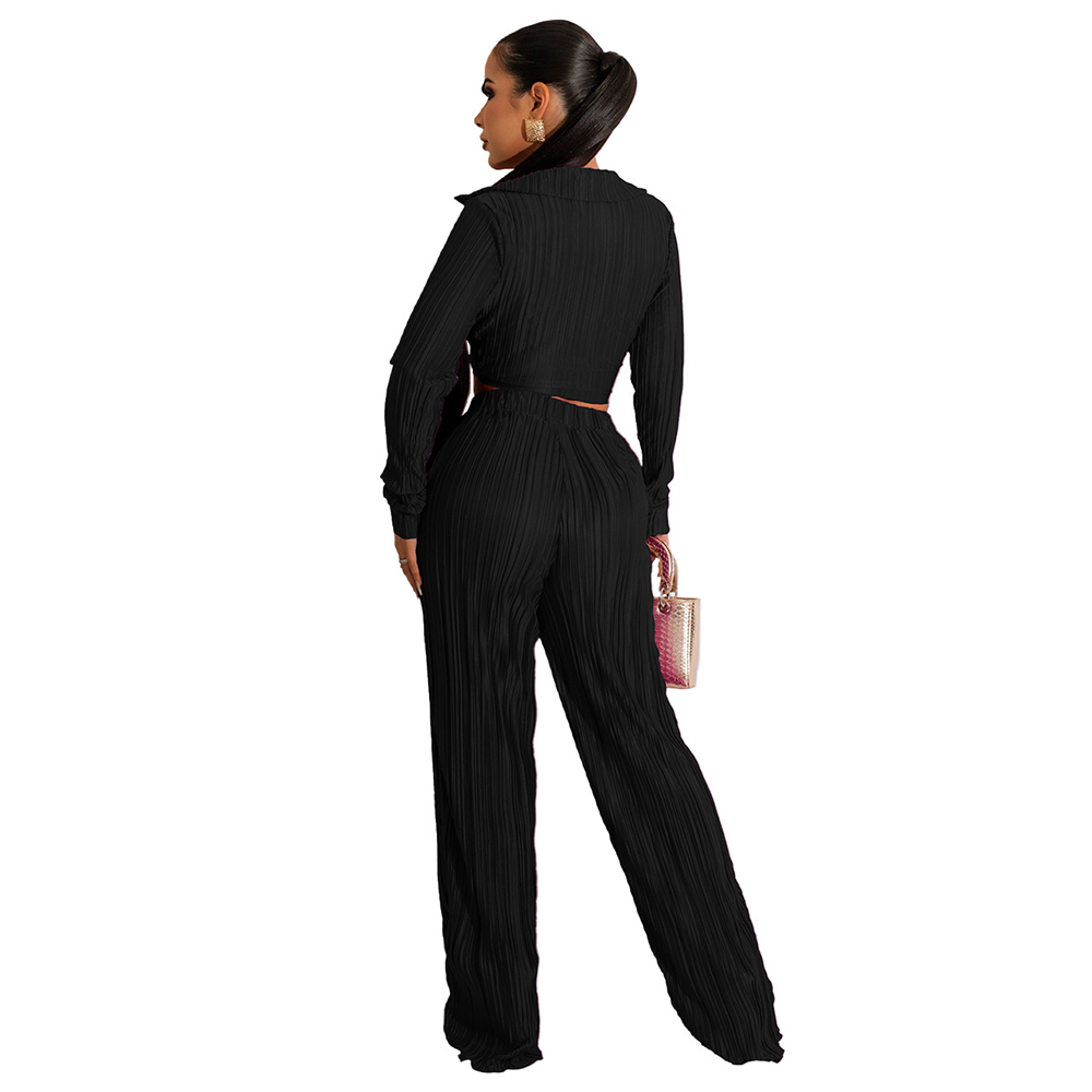 Women Sexy Two Piece Pants Pleated Outfits Casual Long Sleeve Lace Up Shirt Sets Wide Leg Pants Suit