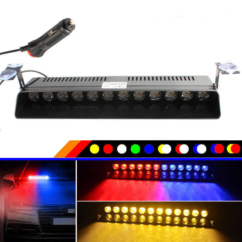 Novo 12V Car Strobe Flash Lights Lamp 12LED Emergency Warning Light Truck Pára-brisa do carro Ventosa Piscando Vermelho/Branco/Azul