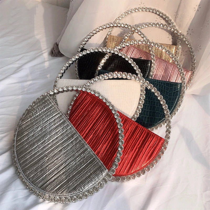 HBP Rhinestone Circular Handle Evening Bag Women 2023 New Elegant Designer Diamonds Round Red Clutch Purse Ladies Chic Handbag Party