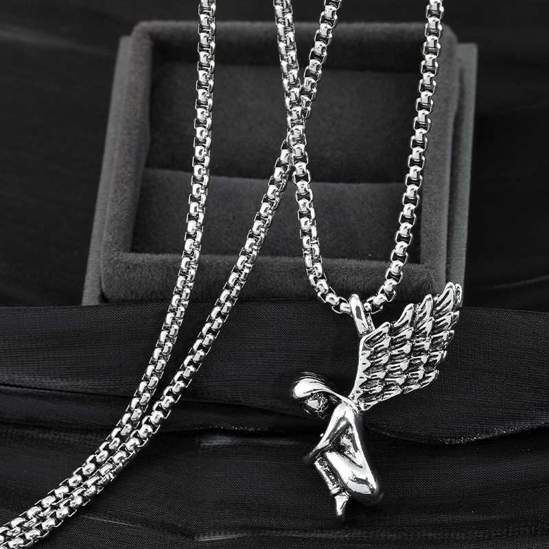 Pendant Necklaces Vintage Angel's Wing Pendant Necklace Men Fashion Jewelry Hiphop Stainless Steel Metal Accessories Punk Long Sweater Chain Gifts L2404 L2404