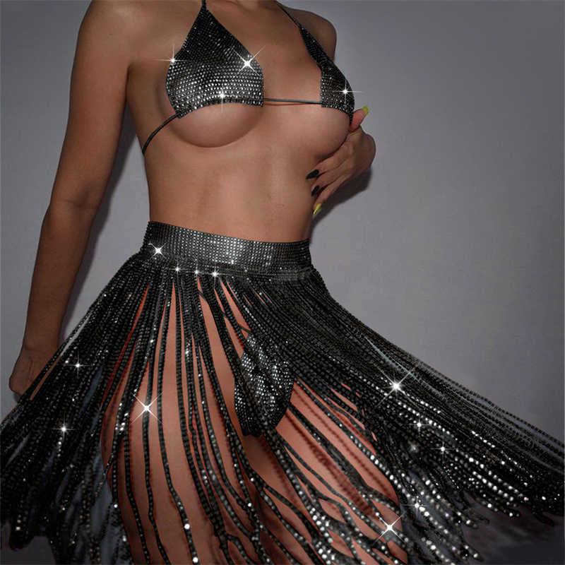 Skirts 2022 Glitter Rhinestone Tassel Skirts Women Sexy Crystal Body Chains Belly Dance Skirts Clubwear Night Party Shine Skirt W0308