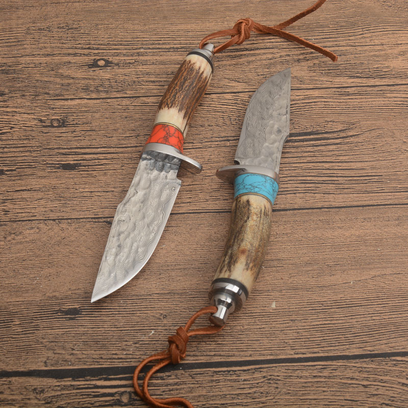 Neue Ankunft G7201 Survival Gerade Jagdmesser Damaskus Stahl Drop Point Klinge Deer Horn Griff Outdoor Feststehende Messer mit Lederscheide