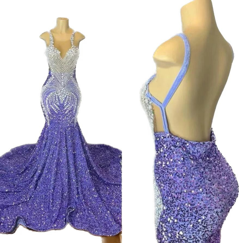 Sexig Lavender Mermaid Prom -klänningar för svarta flickor 2023 Crystal Rhinestone Sequins Open Back Formal Birthday Party Gowns E0308