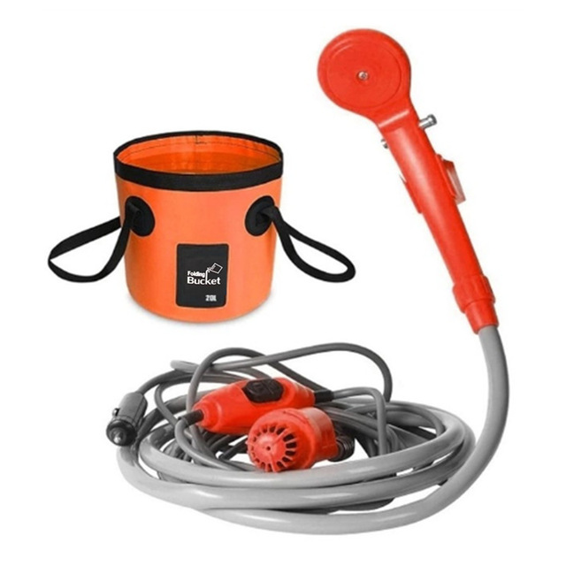 Camping Douche Lanterne En Plein Air Randonnée Voyage Portable Douche Et Seau De 20L Ensemble De Voiture Rondelle Usine Arrosage Pet Nettoyage 12V Pompe Électrique