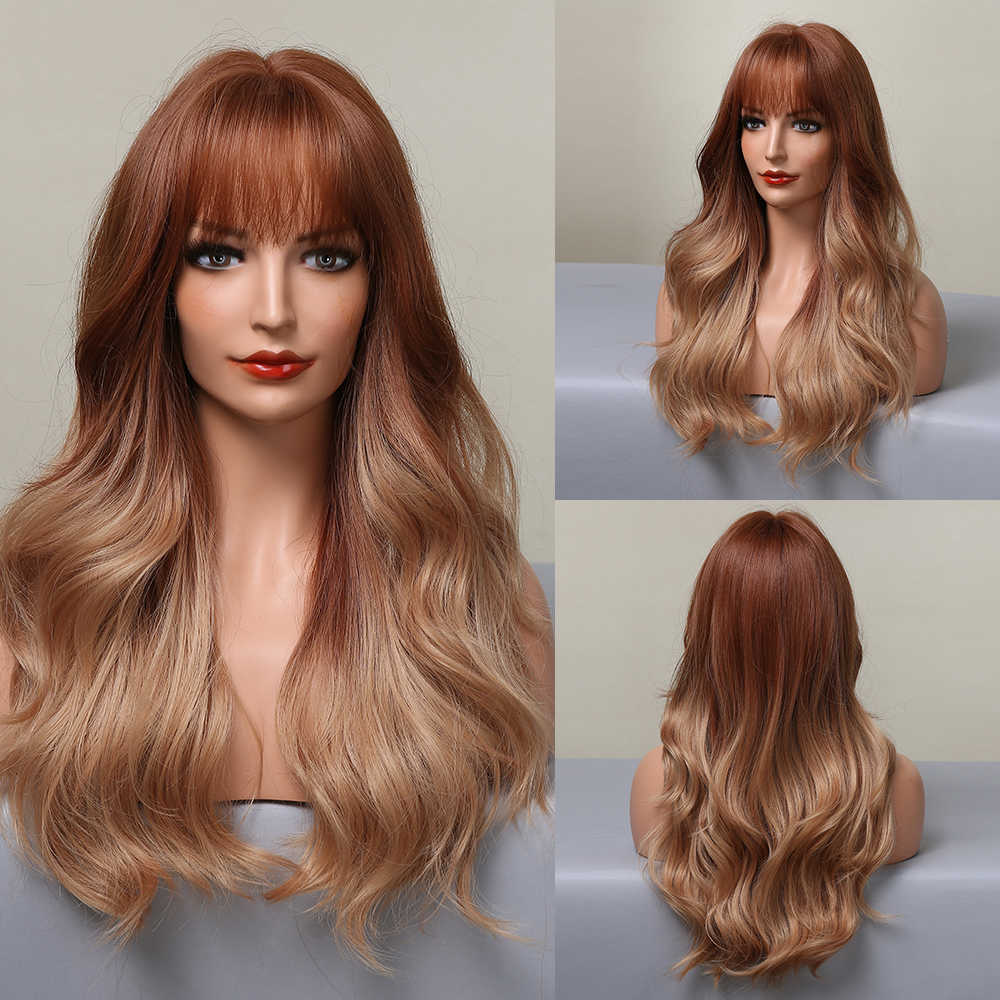 Perruques Synthétiques Easihair Long Blond Cendré Ondulés Perruques Synthétiques pour Femmes Brun Perruque de Cheveux Naturels avec Frange Cosplay Résistant À La Chaleur 230227