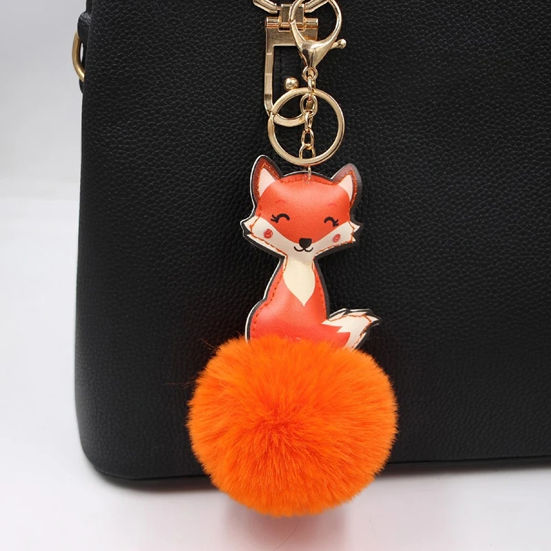 New Fur Ball Keychain Charme Tecla anel de couro fofo Keyring Animal PLUSH POMPOM POMPOM FAUX RABBIT BOLE BOLH