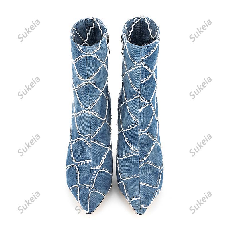 Sukeia, botines de invierno hechos a mano para mujer, puntiagudos, tacones de aguja sexis, zapatos de fiesta azules para mujer, tallas de EE. UU. 5-12