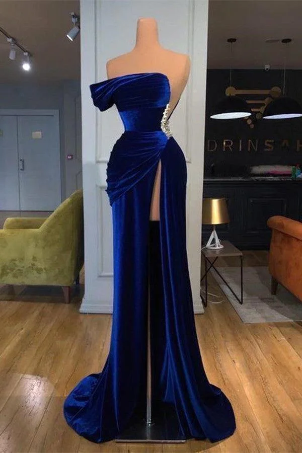 Gorgeous Royal Blue Mermaid Prom Dresses One Shoulder Beaded High Split Velvet Strapless Draped Pleats Sweep Trian Engagement Formal Evening Pageant Party Gowns