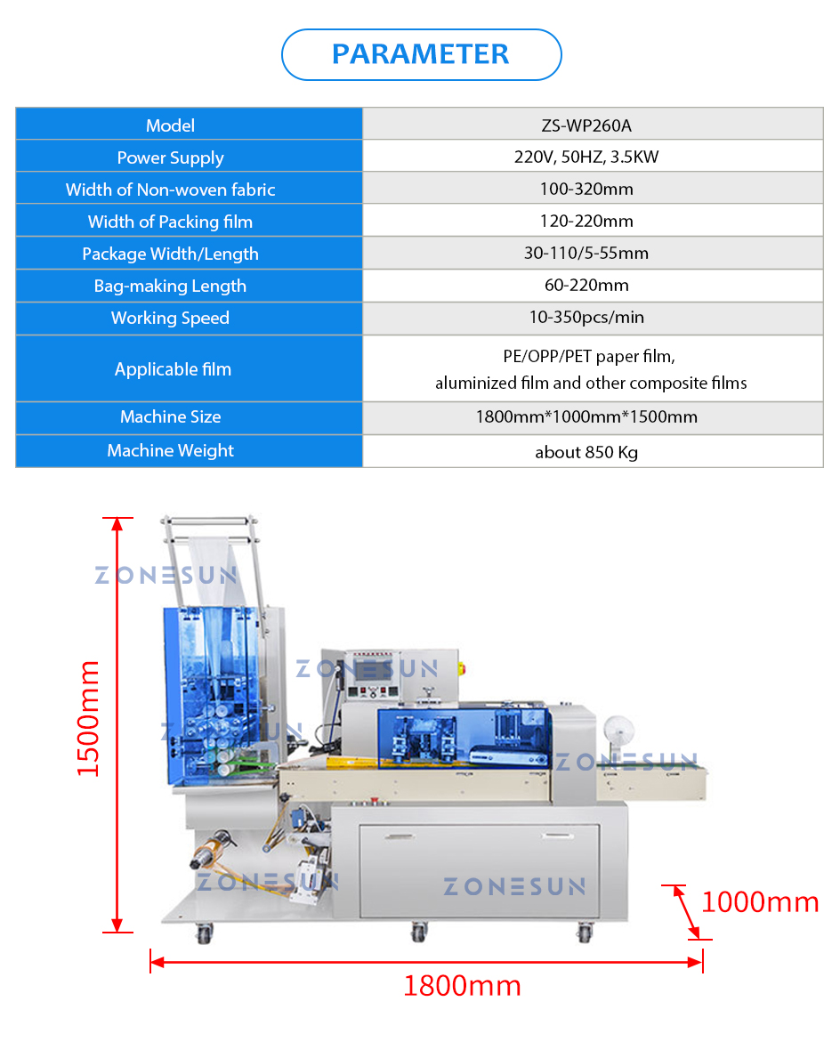 ZONESUN Attrezzatura industriale Confezione singola di salviettine umidificate che fa la macchina Salviette neonati Asciugamano di carta Bagger tessuti Linea di imballaggio antisettico ZS-WP260A