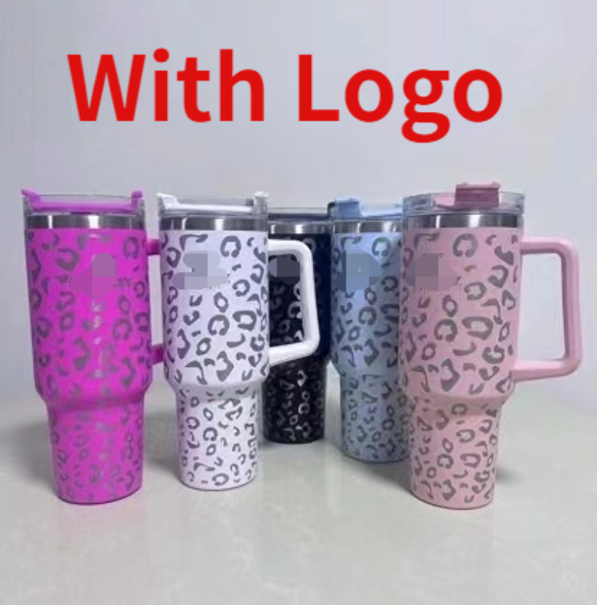 40oz leopard rostfritt stål tumlare med logotyphandtag locket halm stor kapacitet öl mugg vatten flaska utomhus camping cup vakuum insu253w