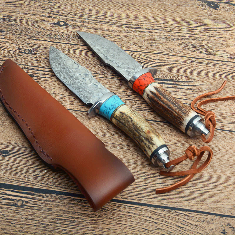 Neue Ankunft G7201 Survival Gerade Jagdmesser Damaskus Stahl Drop Point Klinge Deer Horn Griff Outdoor Feststehende Messer mit Lederscheide