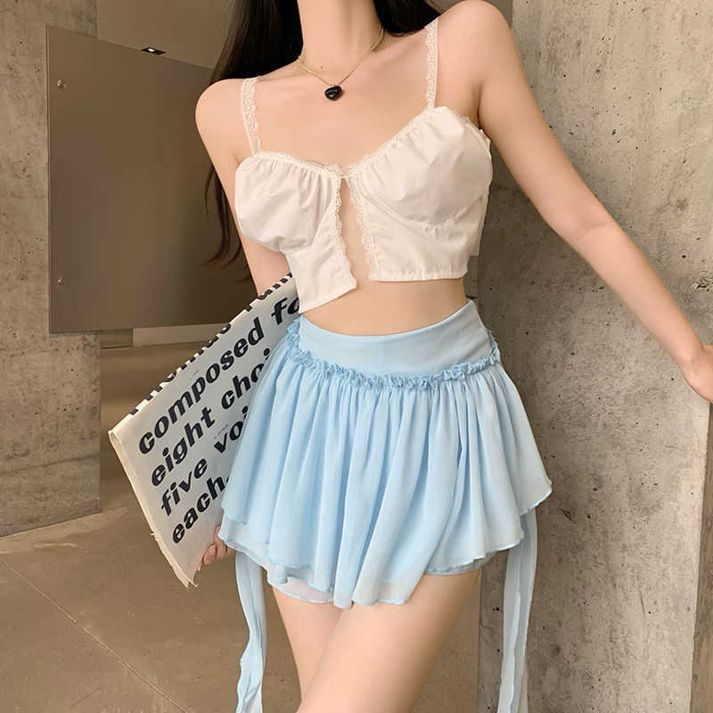 Kjolar houzhou ruffle mini kjol söt sexig tjej skort kvinnor chiffong lapptäcke band blå hög midja fairycore estetiska kjol shorts w0308