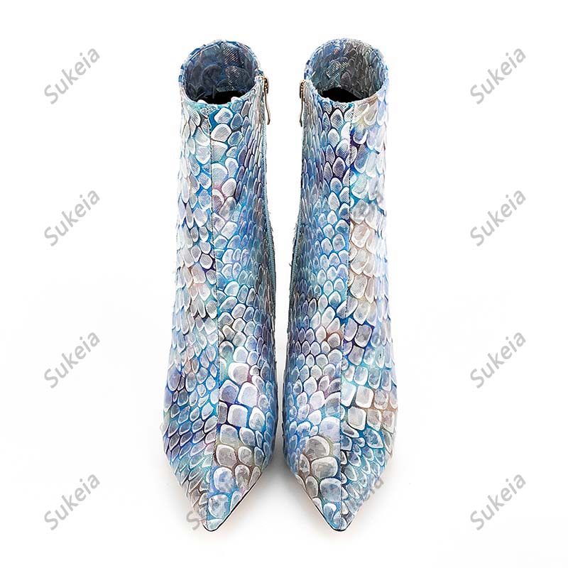 Sukeia Женщины зимние лодыжки сапоги с печеной рыбной шкалой заостренные пальцы в сексуальные стилевые каблуки светло-голуба