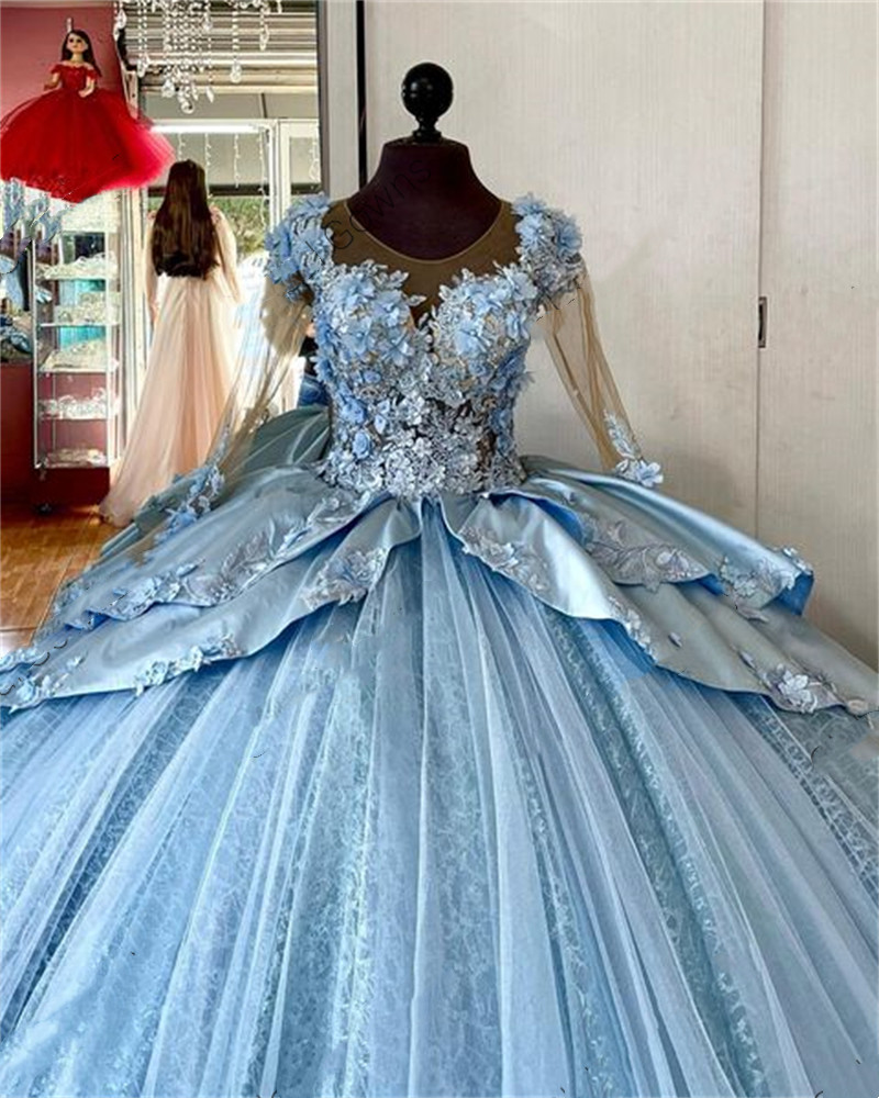 2023 Sky Blue Sweetheart Ball Gown 3D Flowers Quinceanera Dresses Beaded Graduation Gowns Princess Sweet 16 Pageant Dress