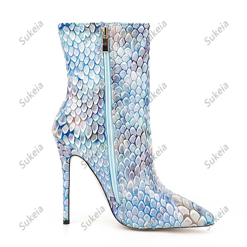 Sukeia Women Winter Ankle Boots Printed Fish Scale Poinest Toe Sexy Stileetto Heels Light Blue Party Shoes Ladies Us Us 5-12