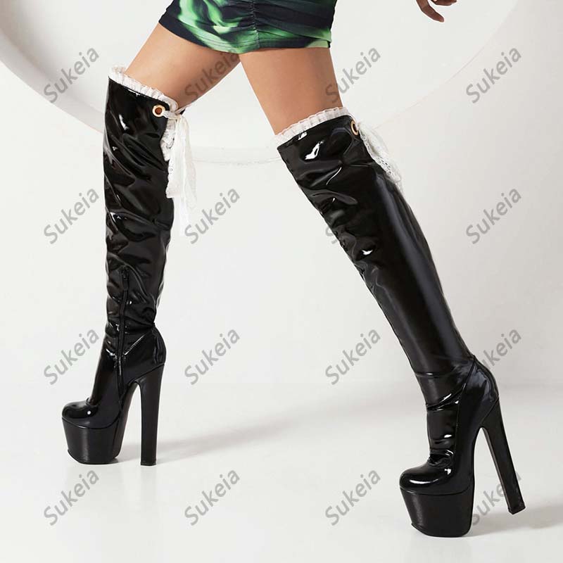 Sukeia Handmade Girl Over Knee Boots Platform Chunky Heeled 둥근 발가락 화려한 Red Black Party Shoes Ladies Size 5-14