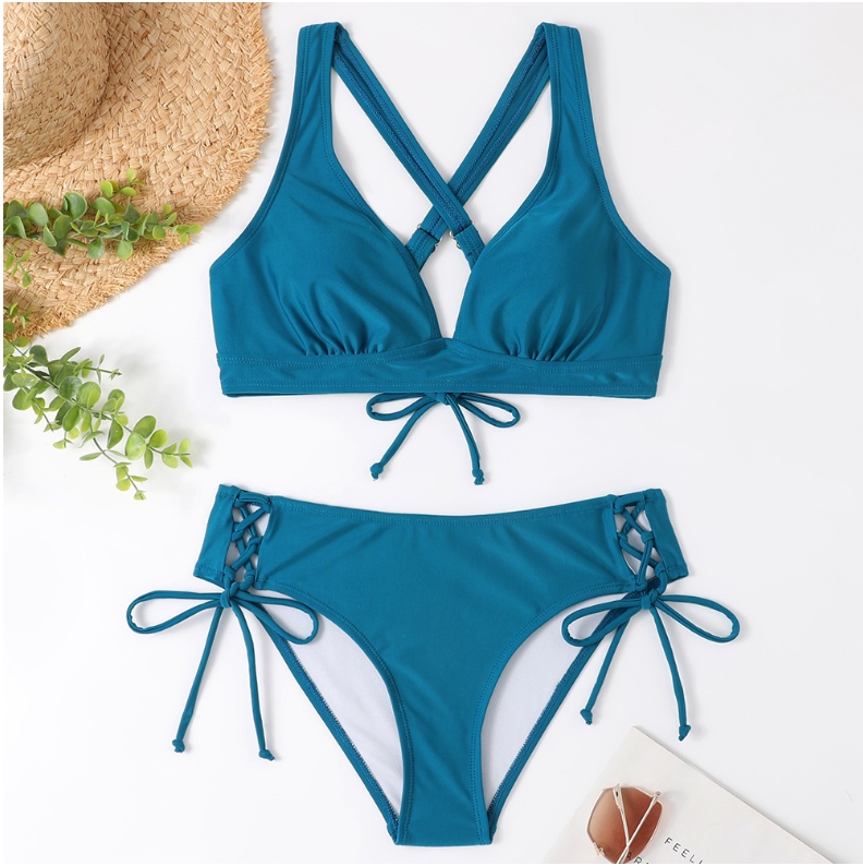 Zwempak vrouwen sexy v nek ribbed bikini hoge taille vaste push omhoog zwemkleding vrouwelijk badpak bikini set strandkleding