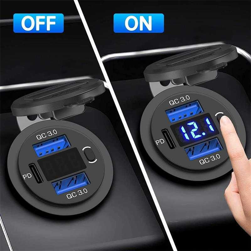 2024 Drie poort 12V / 24V USB-oplader Socket Dual 18W Quick Charge 3.0 20W PD Usb-C voor auto motorfiets met voltmeter en aan / uit-schakelaar