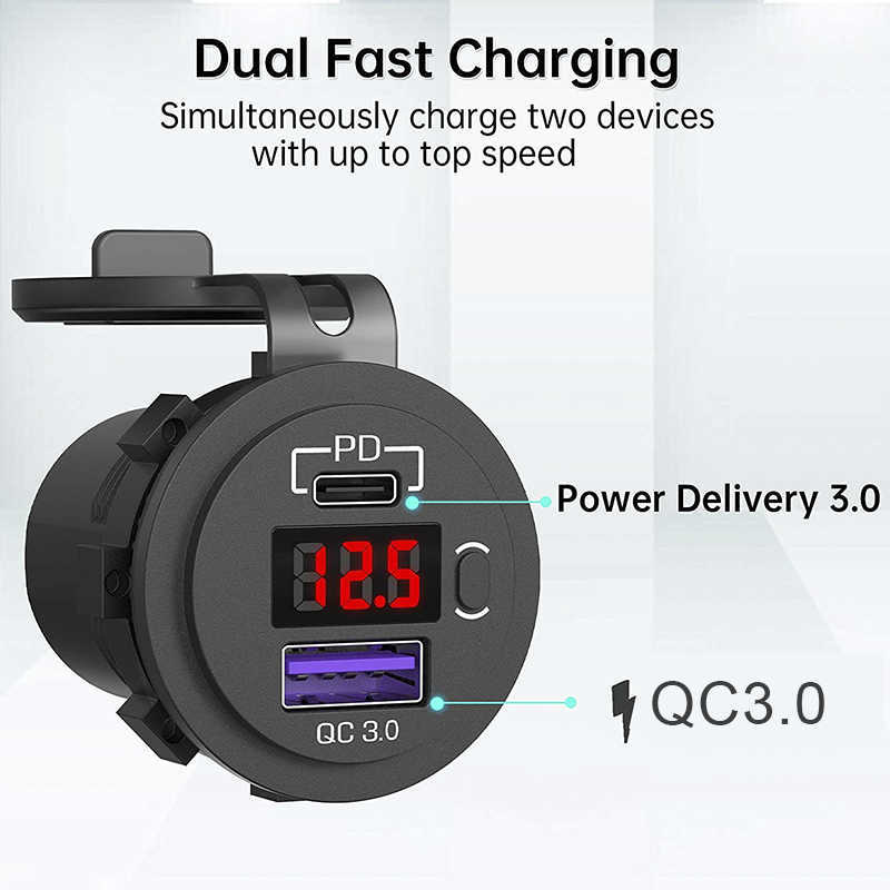 2024 Charge rapide PD USB Type C voiture moto chargeur prise 12V/24V Qc3.0 prise de courant avec LED voltmètre interrupteur Charge rapide