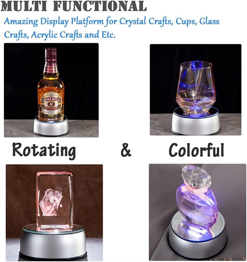 AC 어댑터 유리 투명 개체와 다채로운 빛나는 led 빛 레이저 회전 크리스탈 디스플레이 기본 스탠드 홀더