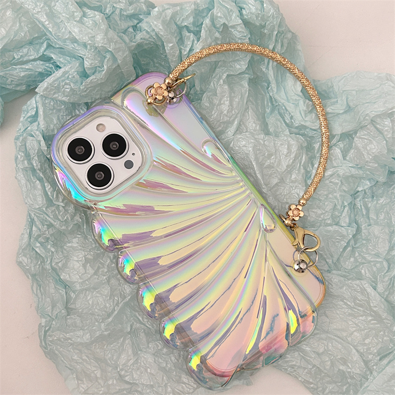 3D Colorful Shell Glitter Laser Phone Case för iPhone 14 Pro Max 11 12 13 Pro Max Luxury Transparent veckad stötsäker täckning med metallhandskedja
