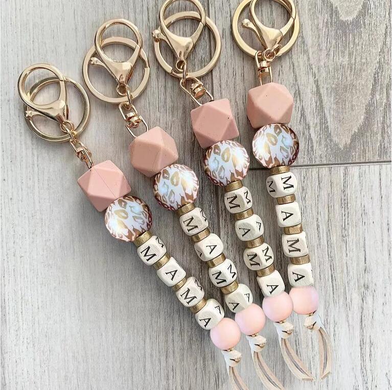 Party Silicone Beaded Keychain Pendant Silicone Beads Wrist Bracelet Key Chain Creative MAMA Mother's Day Gift Keyring