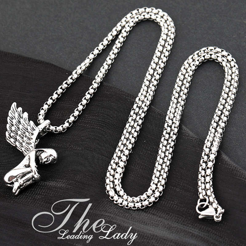 Pendant Necklaces Vintage Angel's Wing Pendant Necklace Men Fashion Jewelry Hiphop Stainless Steel Metal Accessories Punk Long Sweater Chain Gifts L2404 L2404